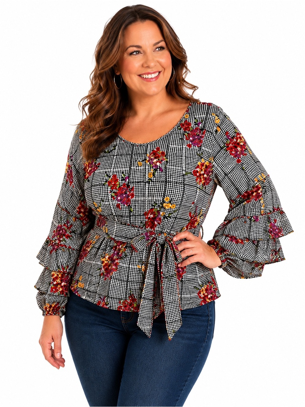 Plus-Size Black Floral Tie-Front Blouse with Ruffled Sleeves